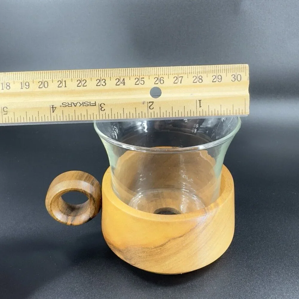 Vintage Jena Glass Mug with Wooden Holder Insert Set 3 Round Handle Wood Insert‎